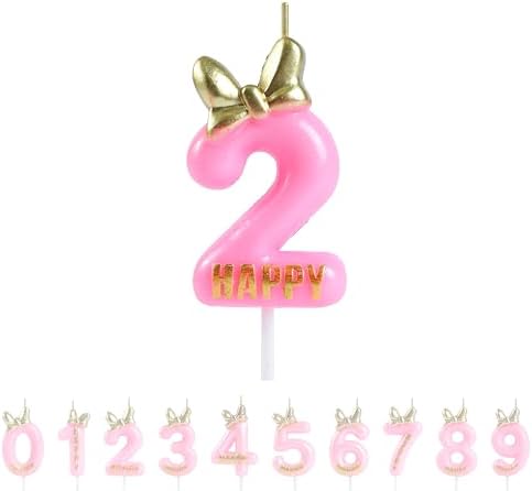 EAKE Pink 2nd Birthday Candle with Bowknot and Gold Letter