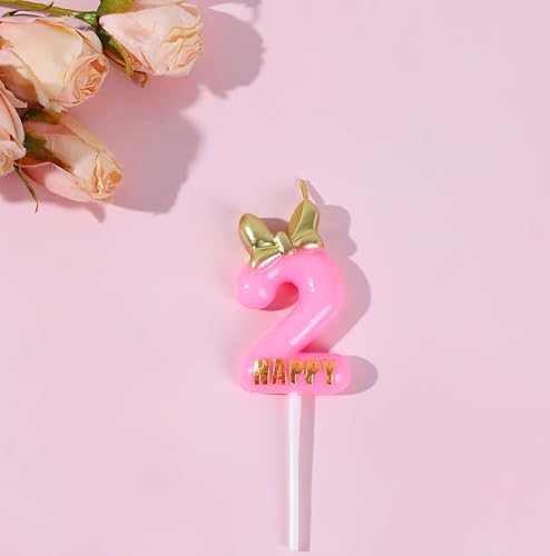 EAKE Pink 2nd Birthday Candle with Bowknot and Gold Letter