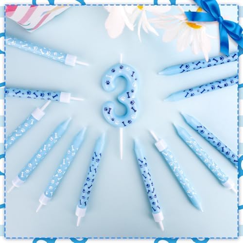 Blue Dog Paw 3rd Birthday Candles Set with Cupcake Topper