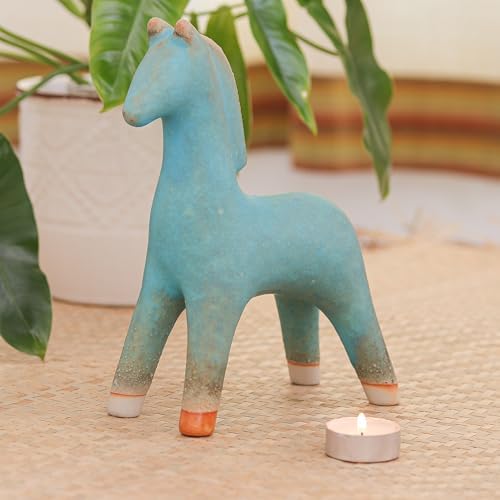 NOVICA Bright Blue Earthtone Ceramic Pony Sculpture