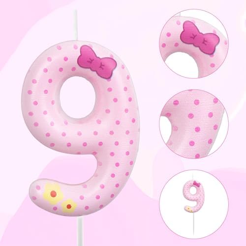 Pink Bow Number 9 Birthday Candles for Girls