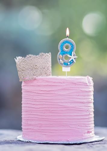 8th Birthday Candle with Sea Blue Sequins and 3D Number 8 Cake Topper