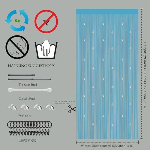 Beaded String Curtains for Doorway Blue 39x79 Inch