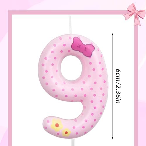 Pink Bow Number 9 Birthday Candles for Girls