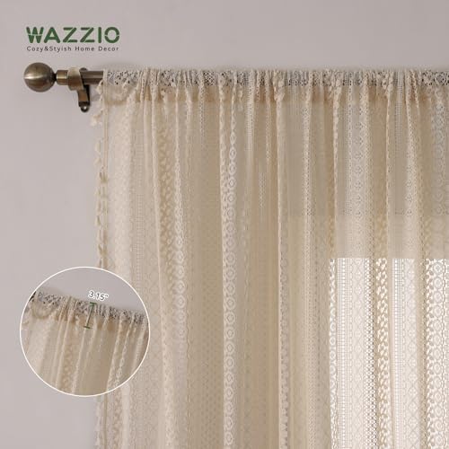 WAZZIO Boho Crochet Curtains - 2 Panel Set 108 Inch Long
