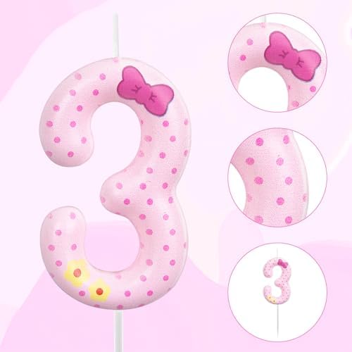 Pink Bow Number 3 Birthday Candle Decor