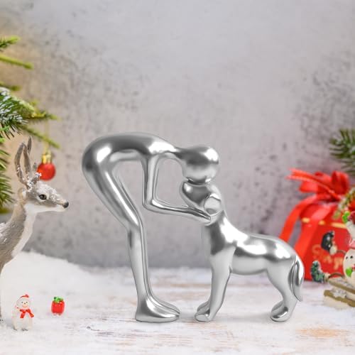 Cute Pet Man and Dog Sculpture Statue Home Decor Silver