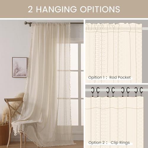 WAZZIO Boho Crochet Curtains - 2 Panel Set 108 Inch Long