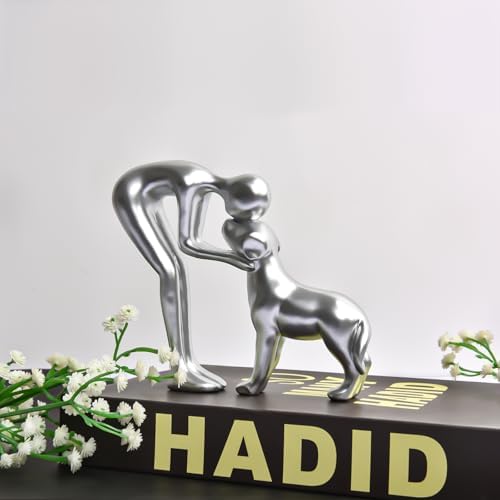 Cute Pet Man and Dog Sculpture Statue Home Decor Silver