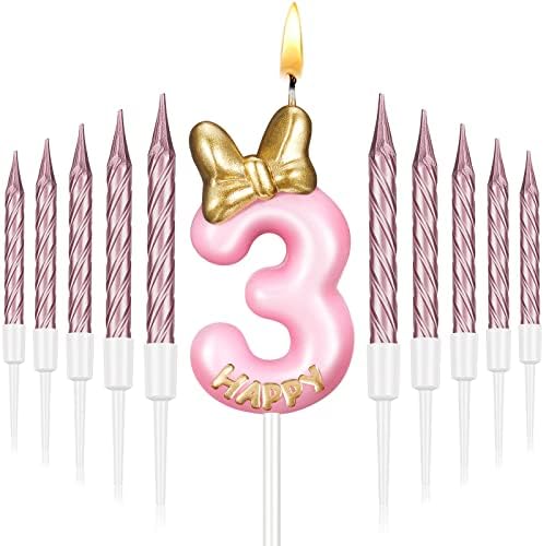 BBTO Number 3 Pink Birthday Candle with 10 Cupcake Candles in Holders