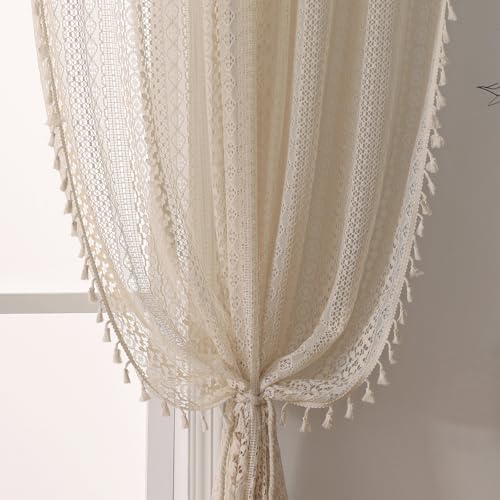 WAZZIO Boho Crochet Curtains - 2 Panel Set 108 Inch Long