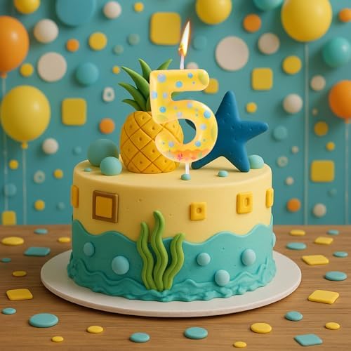Sponge Themed Birthday Candle with Yellow Dots for Kids Party