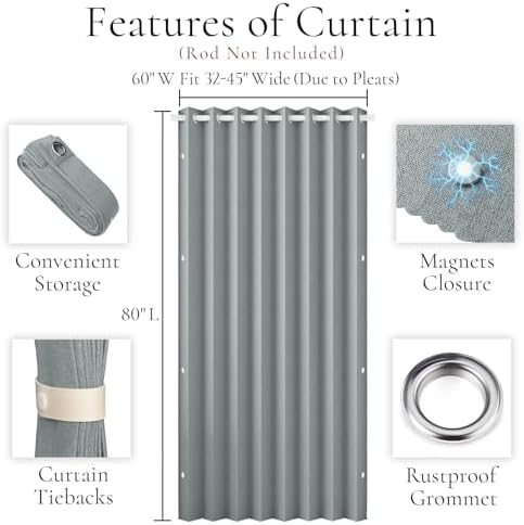 HMYI Magnetic Pleated Curtains - 100 Blackout Thermal Insulated Door Drapes