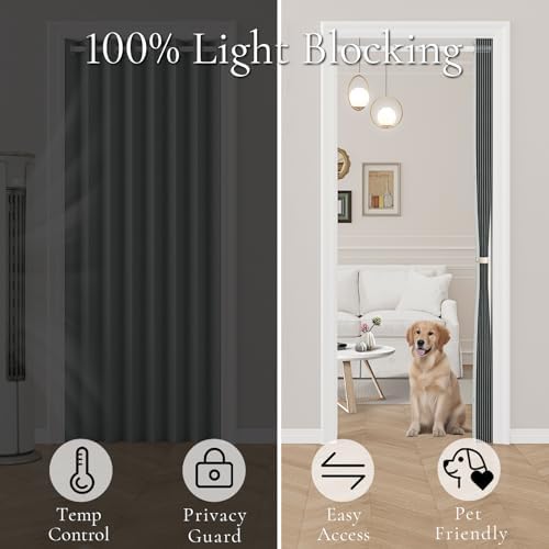 HMYI Magnetic Pleated Curtains - 100 Blackout Thermal Insulated Door Drapes