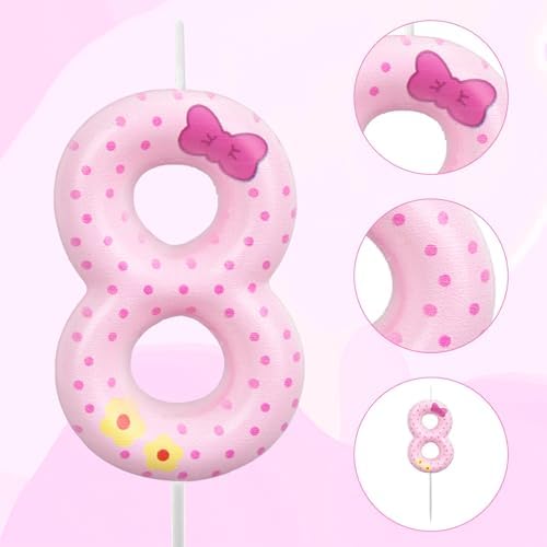 Pink Bow Number 8 Birthday Candles for Girls Women