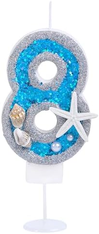 8th Birthday Candle with Sea Blue Sequins and 3D Number 8 Cake Topper