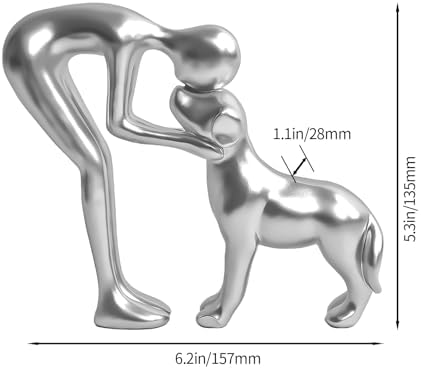 Cute Pet Man and Dog Sculpture Statue Home Decor Silver