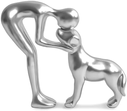 Cute Pet Man and Dog Sculpture Statue Home Decor Silver
