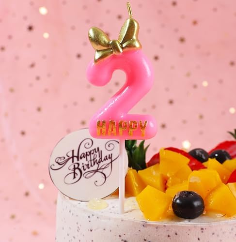EAKE Pink 2nd Birthday Candle with Bowknot and Gold Letter