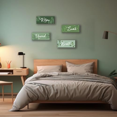 4 Pcs Sage Green Wooden Wall Decors for Bathroom