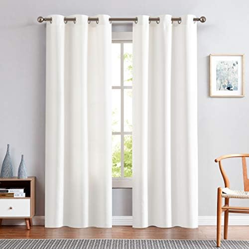 Jinchan White Linen Textured Curtains 90 Inch 2 Panels Grommet Top