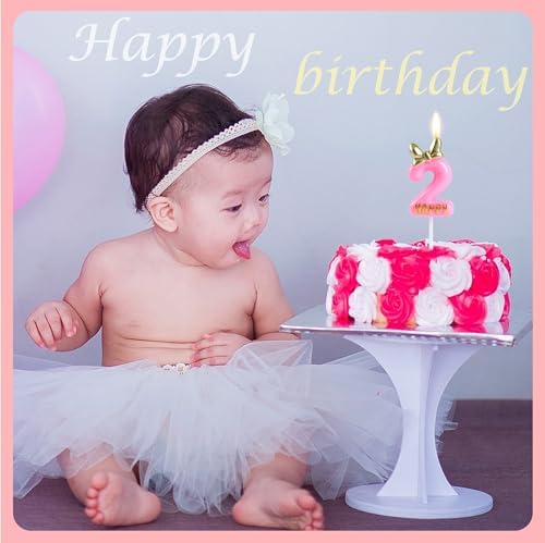 EAKE Pink 2nd Birthday Candle with Bowknot and Gold Letter
