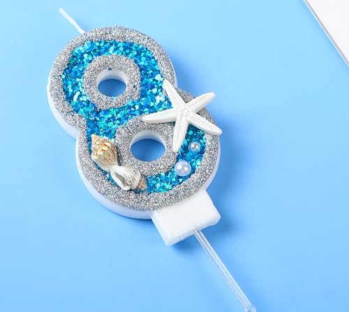 8th Birthday Candle with Sea Blue Sequins and 3D Number 8 Cake Topper