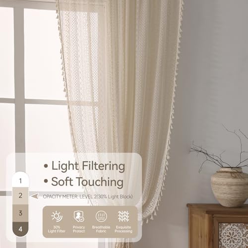 WAZZIO Boho Crochet Curtains - 2 Panel Set 108 Inch Long