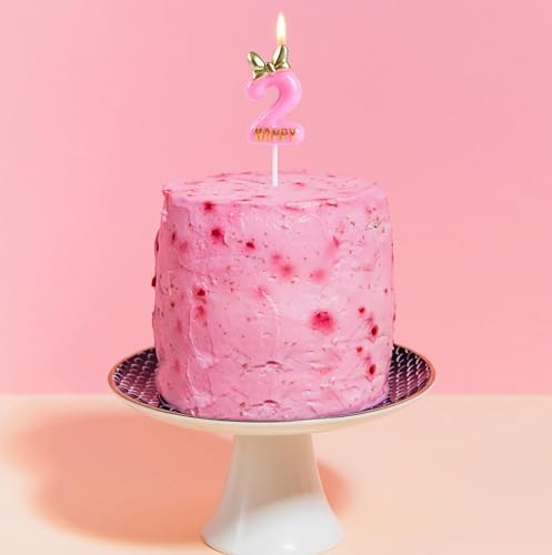 EAKE Pink 2nd Birthday Candle with Bowknot and Gold Letter