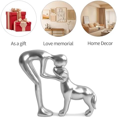 Cute Pet Man and Dog Sculpture Statue Home Decor Silver