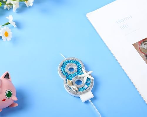 8th Birthday Candle with Sea Blue Sequins and 3D Number 8 Cake Topper