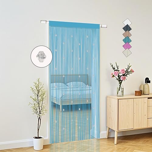 Beaded String Curtains for Doorway Blue 39x79 Inch