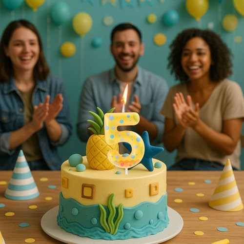 Sponge Themed Birthday Candle with Yellow Dots for Kids Party