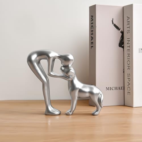 Cute Pet Man and Dog Sculpture Statue Home Decor Silver