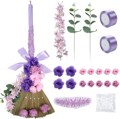 TrinhGuo Purple Wedding Broom with Ribbons and Pearls
