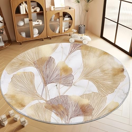 4ft Round Marble Ginkgo Leaf Area Rug - Pet Friendly Non-Slip