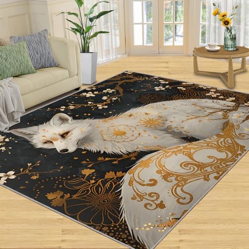 White Fox 5x7 Area Rug Black Gold Design