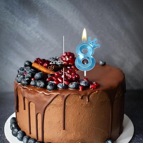 Blue Number 8 Birthday Cake Candle with 3D Crown Design