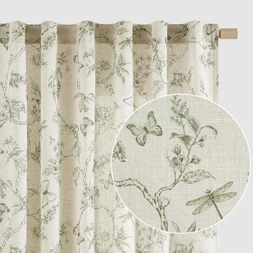 Lazzzy Green Floral Linen Curtains 63 Inch 2 Panels Rod Pocket