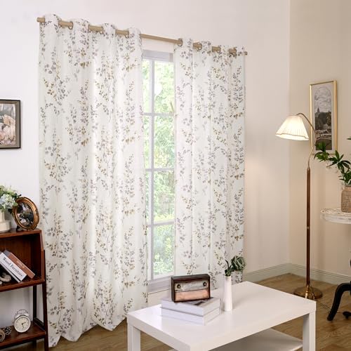 BGment Linen Curtains 72 Inch 2 Panels Floral Leaf Brown