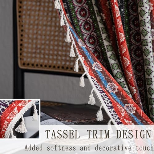 VOGOL Boho Semi Blackout Curtains with Tassels 59x79 Inches Red Blue