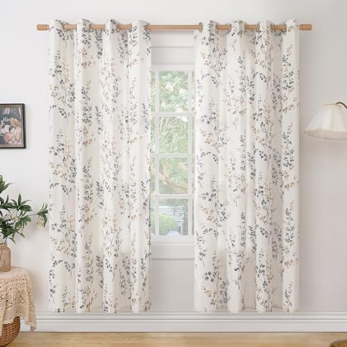 BGment Linen Curtains 72 Inch 2 Panels Floral Leaf Brown
