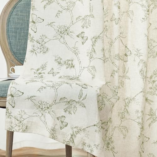 Lazzzy Green Floral Linen Curtains 63 Inch 2 Panels Rod Pocket