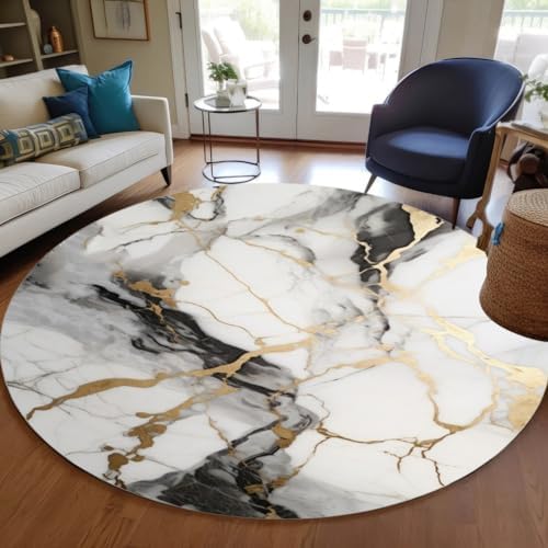 Modern Abstract Black Grey Gold Marble Round Area Rug 6ft