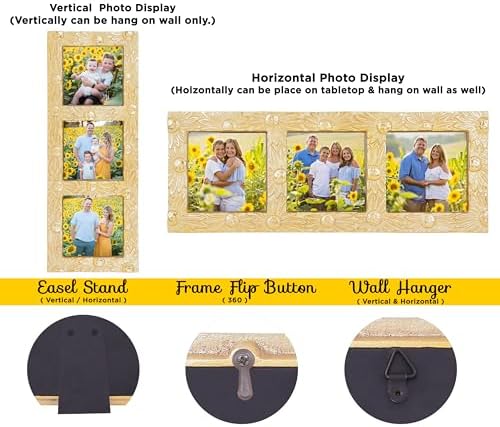 AHC Home Living 3-Openings Sunflower Picture Frame with Easel and Hook