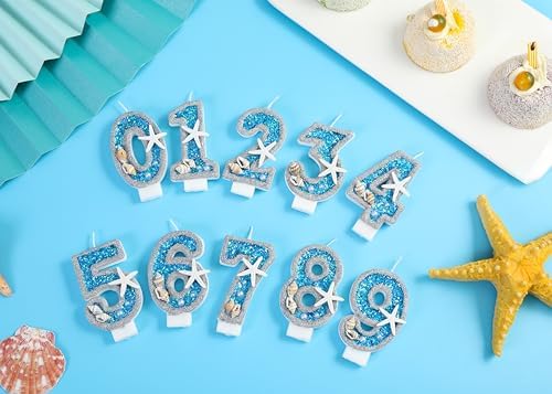 8th Birthday Candle with Sea Blue Sequins and 3D Number 8 Cake Topper