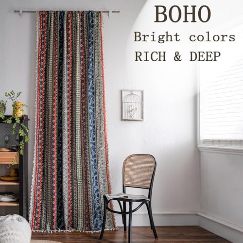 VOGOL Boho Semi Blackout Curtains with Tassels 59x79 Inches Red Blue