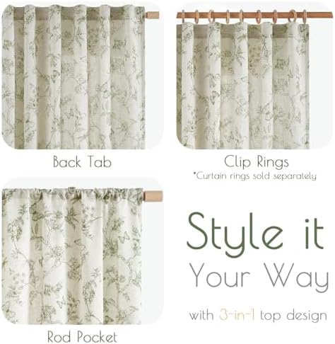 Lazzzy Green Floral Linen Curtains 63 Inch 2 Panels Rod Pocket