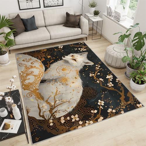 White Fox 5x7 Area Rug Black Gold Design