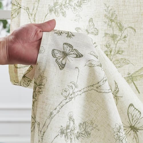 Lazzzy Green Floral Linen Curtains 63 Inch 2 Panels Rod Pocket